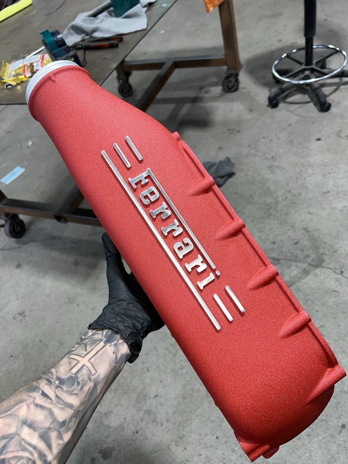 Ferrari valve cover powder coating close-up Denver