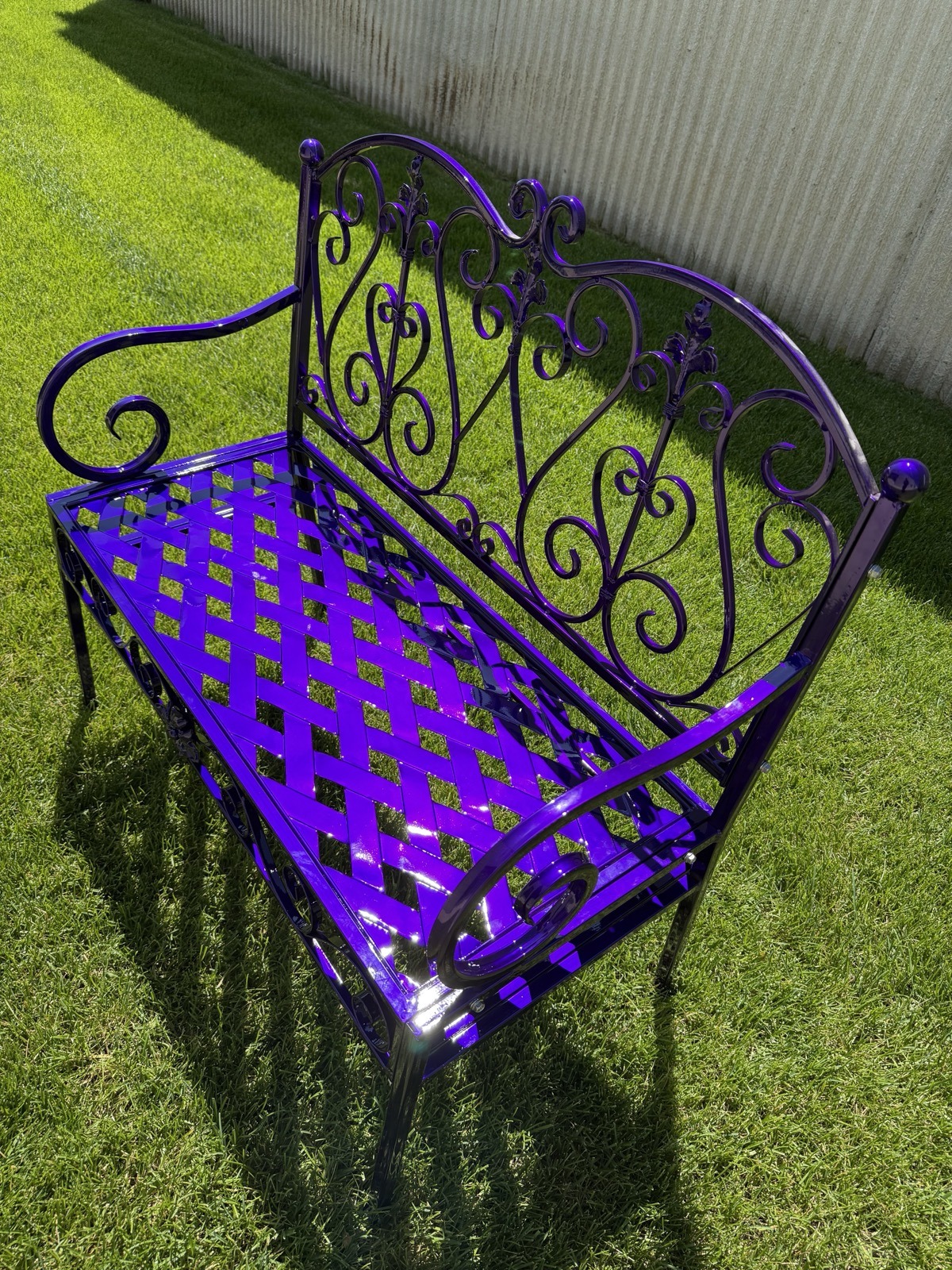 Purple iron bench overhead detail powder coated Denver