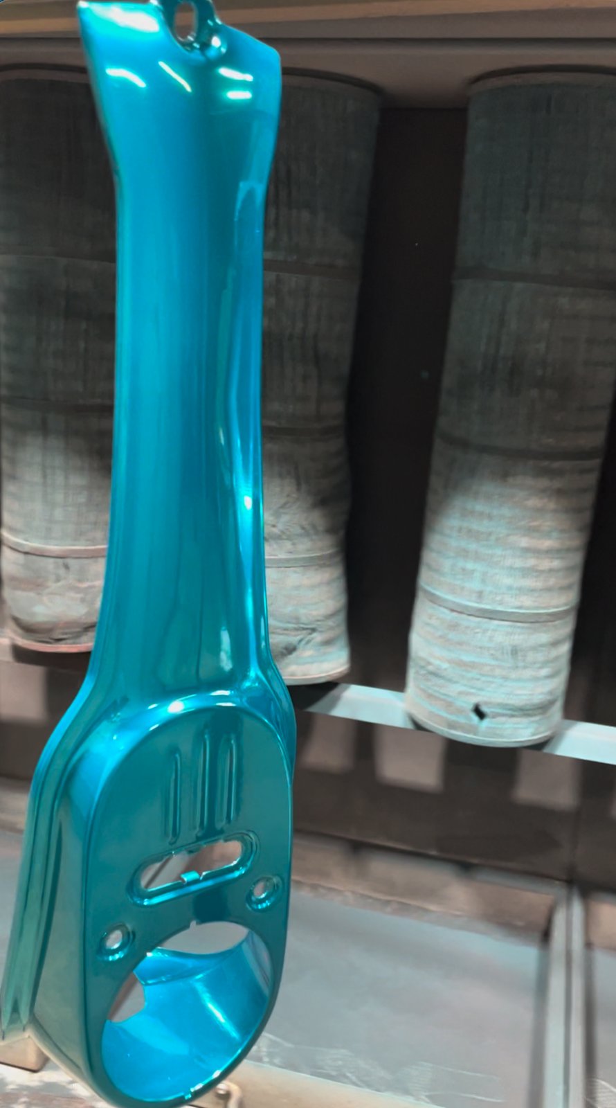 Teal powder coated motorcycle fork Denver