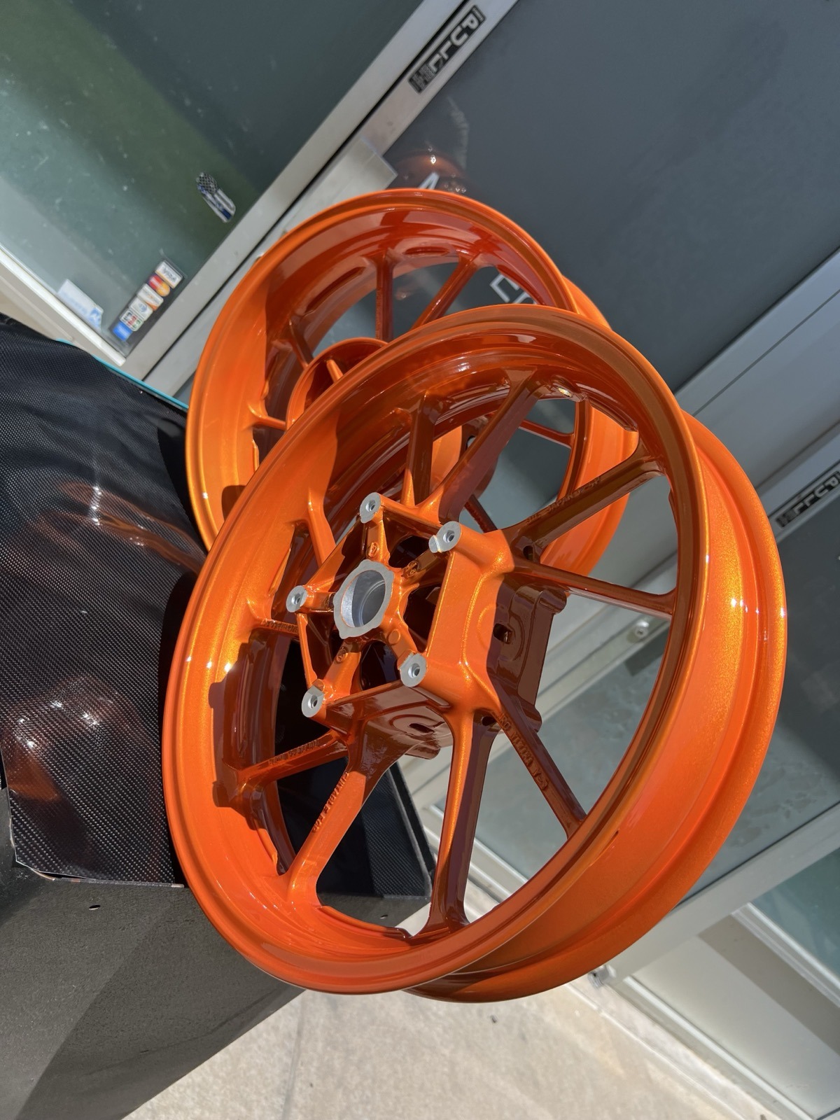 Orange motorcycle wheels powder coated Denver